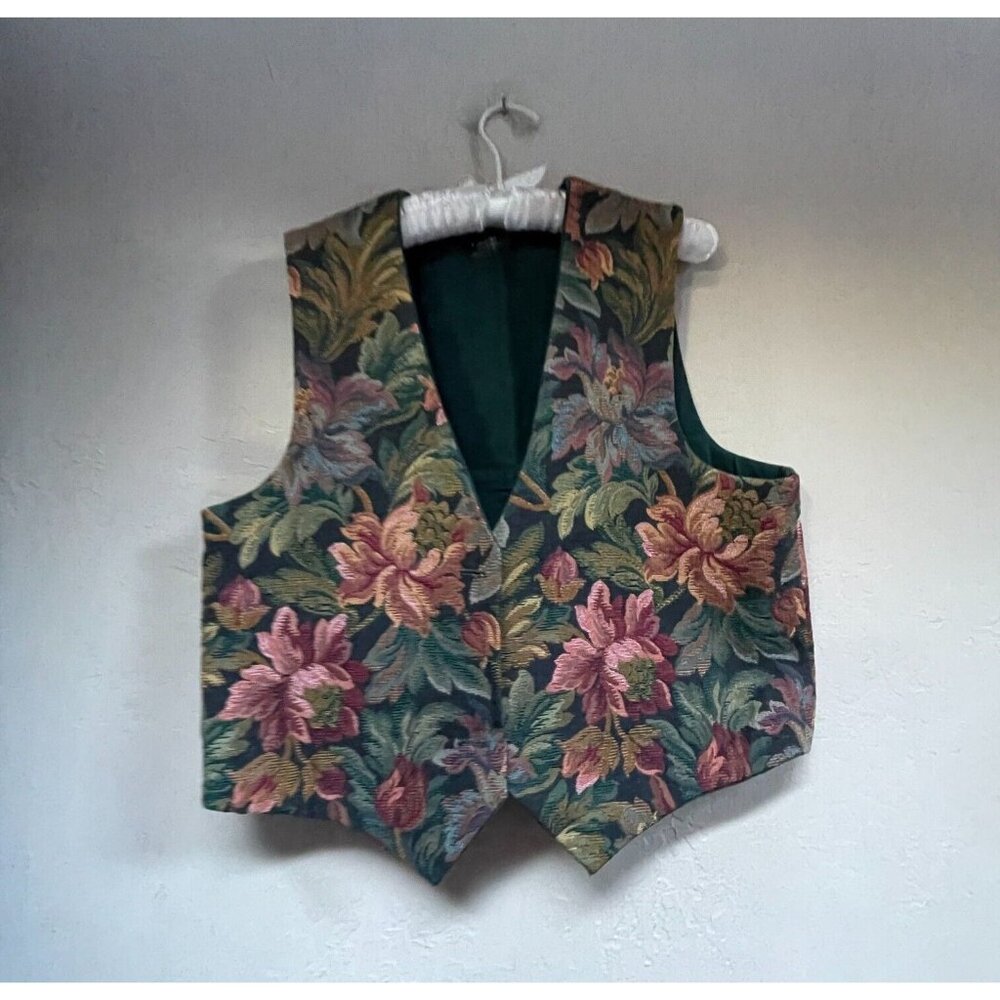 VINTAGE Complements Womes Jacquard Floral V-Neck Vest Large Button Front Multi